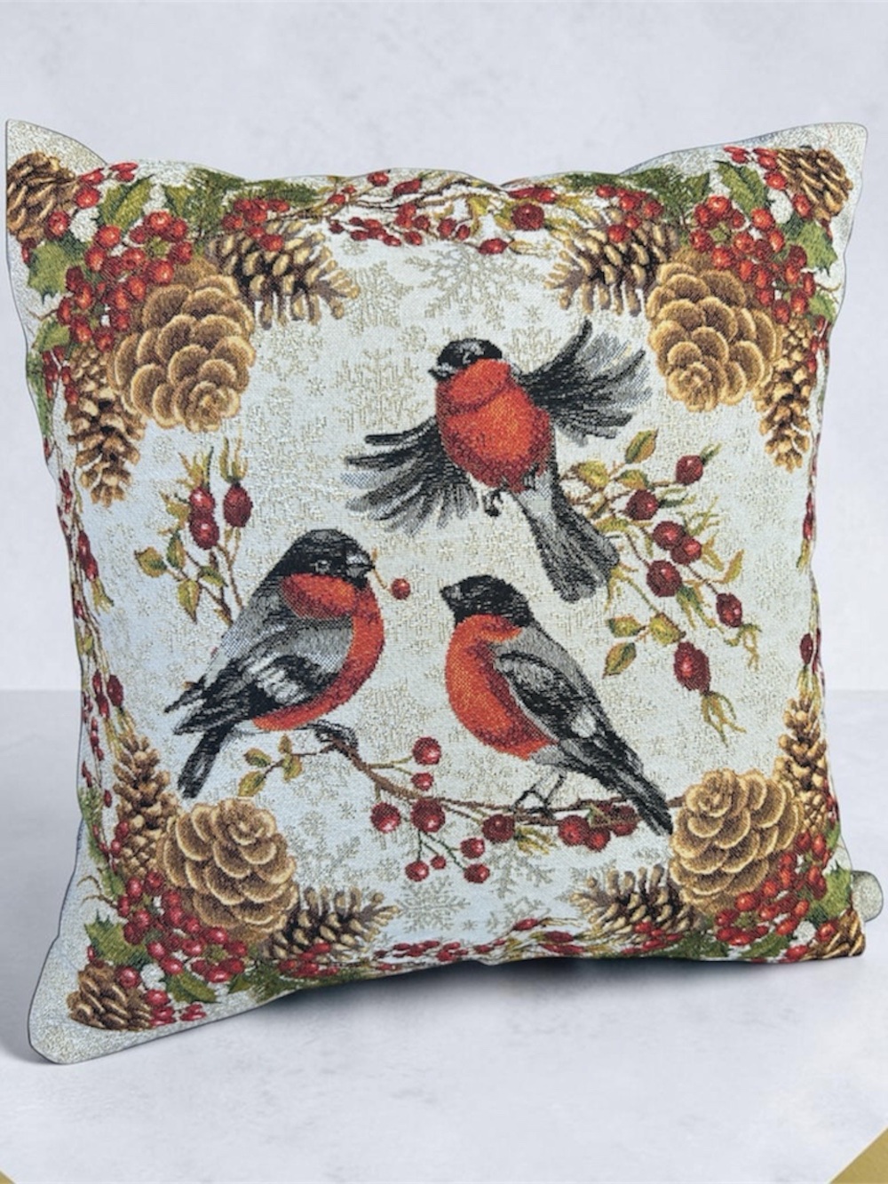 Acanva decorative square throw pillow with winter birds scene metallic sparkle